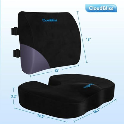 CloudBliss Ergonomic Seat Cushion & Lumbar Support Pillow Set, Black,Large - color: Black, size: Large