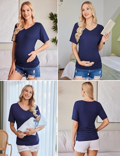 Ekouaer 3 Pack Maternity Shirts V Neck Pregnancy Tops Tunic Blouse Summer - color: Black/Blue/Grey, size: Small