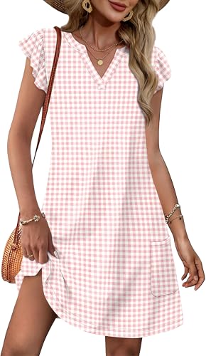 OFEEFAN Spring Summer Dresses for Women 2026 Casual Ruffle Sleeve V Neck Loose Swing Sundresses with Pockets Plain/Print - color: Print 02, size: Medium