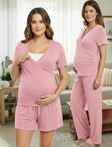 PATPAT 3-Piece Maternity Nursing Pajamas, Womens Lounge Set with Pockets - color: Light Pink, size: Medium