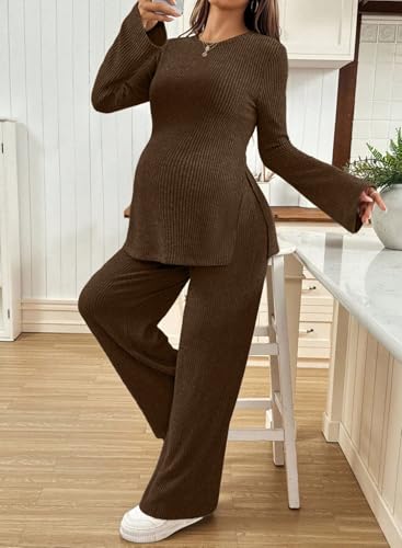 BLENCOT Maternity 2 Piece Outfits Ribbed Knit Long Sleeve Sets - color: Coffee, size: Large