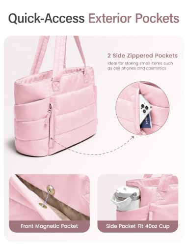 Uselike Tote Bag for Women with Zipper, Quilted Puffer Tote Bag with Compartments, Lightweight Puffy Work Bags for Women - color: Light Pink