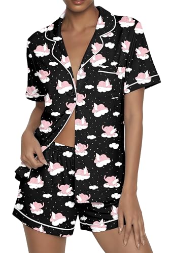 Ekouaer Womens Pajama Sets Button Up Pjs 2 Piece Short Sleeve Sleepwear - color: Black With Elephant, size: Medium