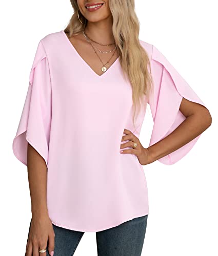 Jouica Women's 3/4 Ruffled Sleeve Blouses Summer Chiffon Casual Loose Tops - color: 01light Pink, size: Small