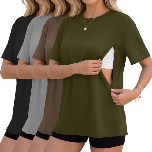 4 Pack Nursing Breastfeeding Shirts - color: Army Green, Light Brown, Gray, Black, size: Large