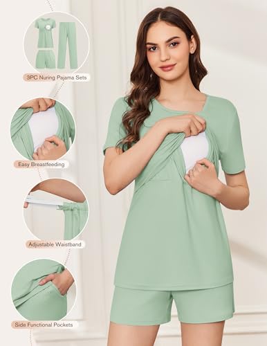 Ekouaer 3 Pack Postpartum Nursing Pajamas Breastfeeding Maternity Clothes - color: Light Green, size: Medium