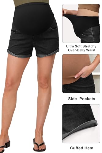 OUGES Womens Summer Maternity Denim Casual Pregnancy Shorts with Pockets - color: Black Grey, size: Medium