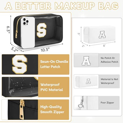 Initial Clear Makeup Bag, Birthday Gift Chenille Patch Cosmetic Bag - color: Black, size: S