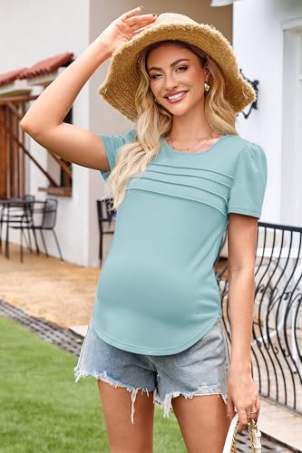 OUGES Womens 2026 Maternity Tops Shirts Pleated Short Sleeve Crew Neck Tunic Summer Casual Pregnancy Clothes - color: Grey Blue, size: XX-Large