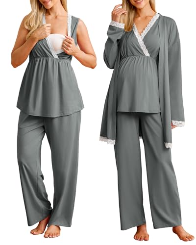 OUGES Womens Cotton Blend Maternity Nursing Robe Set 3 PCS Postpartum 3 in 1 Labor Delivery Hospital Pjs Tank Top & Pants - color: Dark Grey, size: XX-Large