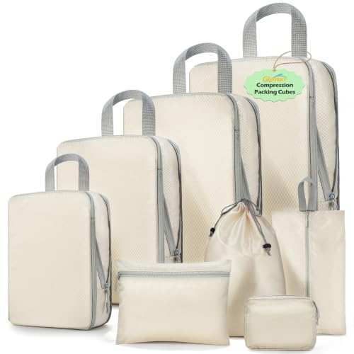 8-Set Compression Packing Cubes for Travel - color: Cream