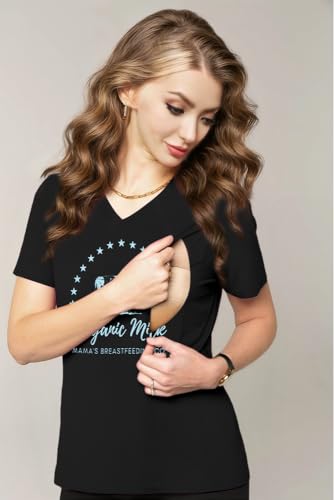 Nursing Shirts for Breastfeeding Women Zipper Maternity Graphic Tee - color: Black, size: Medium