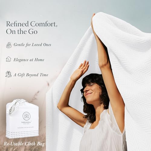 Threadmill Luxury 100% Cotton Twin Herringbone Blanket, Bright White - color: Bright White, size: Twin (68" x 92")