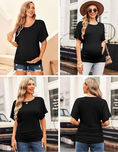 Ekouaer Maternity Shirts 3 Packs Dolman Sleeve Side Ruched Tops Clothes