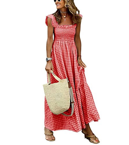 chouyatou Women's Retro Plaid Smocked Dress Spaghetti Strap Flounce Long Dress - color: Red, size: Medium