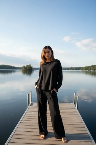 Lounge Sets for Women 2 Piece Outfits Comfy Sweat Track Suits Matching Set - color: A-black, size: Medium
