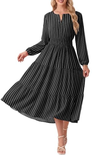 GRECERELLE Casual Fall Dresses for Women Long Sleeve Wedding Guest Dresses - color: Black Stripe, size: X-Large