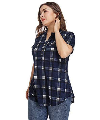 MONNURO Womens Plus Size Tops Button Down Tunic Plaid Shirts Casual Blouses - color: Navy Blue, size: 3X