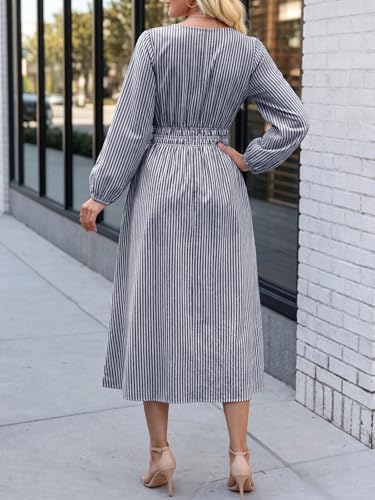 ANRABESS Women's Long Sleeve Striped Fall Midi Dress with Pockets - color: Navy White Stripe, size: Medium
