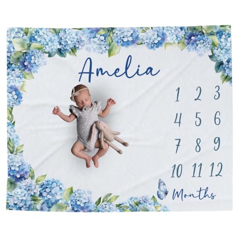 Customized Blue Hydrangea Girl Baby Milestone Blanket Personalized Blanket Floral Milestone Throw, Mom Keepsake Newborn Shower Gift - color: Wildflower#14