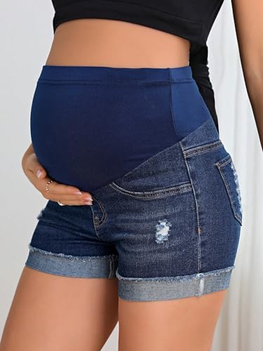 BEAUDRM Women's Maternity Adjustable High Waist Denim Mini Shorts - color: Dark Wash, size: Medium