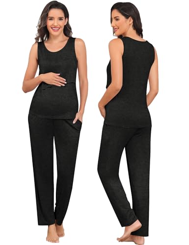 SWOMOG Maternity Nursing Robe Set 3 PCS Postpartum Breastfeeding Pajamas Lounge Hospital Pregnancy Pjs with Robe - color: Black Grey, size: Medium