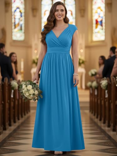 KOH KOH Womens Long Elegant Evening Bridesmaid Flowy Cap Sleeve Maxi Dress - color: Blue Teal Quartz, size: Small