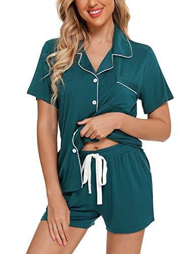 Senert Womens Pajamas Set Short Sleeve Sleepwear - color: A. Green, size: Large