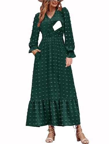 CzzzyL Women Nursing Boho Maxi Dress Swiss Dot Smocked with Pockets - color: Deepgreen, size: Medium
