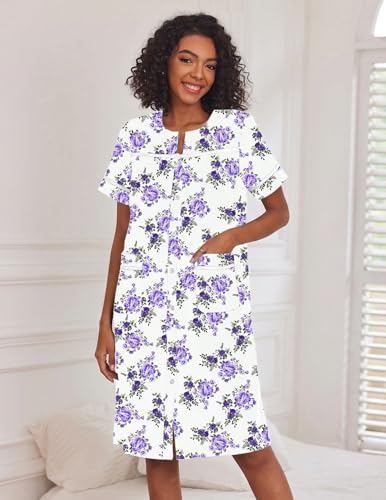 Ekouaer House Dress for Women with Pockets Duster Button Down Nightgown - color: White Flower, size: X-Large
