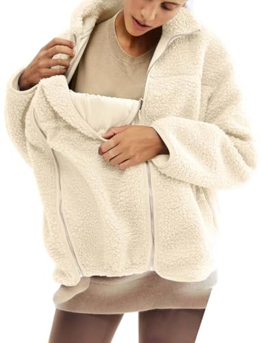 Maternity Coat Winter Mom Cozy Thicken Coats Fleece Sherpa Jacket - color: Cream, size: Medium