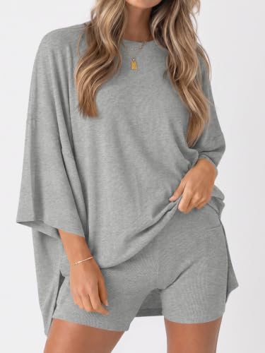 Fisoew Womens 2 Piece Lounge Set Ribbed Oversized T-Shirt Biker Shorts - color: Grey, size: Small