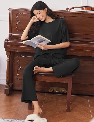 Ekouaer Lounge Sets for Women Soft Comfy Pajama Set 2 Piece Outfits - color: Black, size: Large
