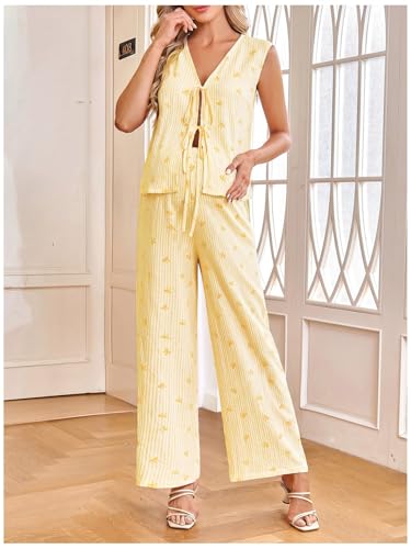 MakeMeChic Women's Maternity Summer 2 Piece Outfits Pregnancy Boho Vacation Striped Bow Top and Pants Set - color: Light Yellow, size: Medium