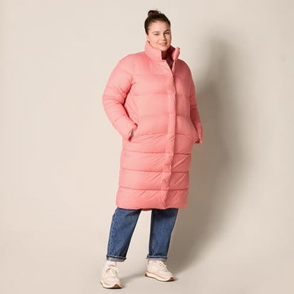 Amazon Essentials Women's Lightweight Full-Zip Water-Resistant Long Cocoon Puffer Winter Coat, Stand Collar, Insulated - color: Pink, size: Small
