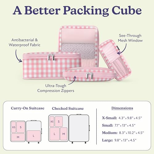 Vandel Space-Saving Compression Packing Cubes for Kids & Women, Carry On - color: 4. Pink Gingham, size: 4 Pack (Compression)