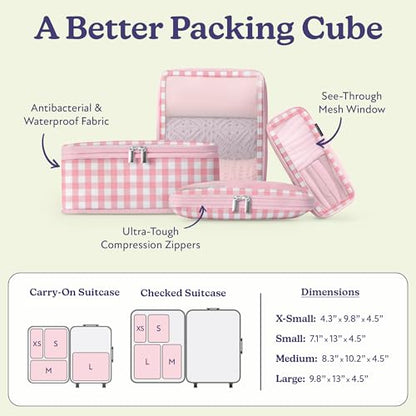 Vandel Space-Saving Compression Packing Cubes for Kids & Women, Carry On - color: 4. Pink Gingham, size: 4 Pack (Compression)