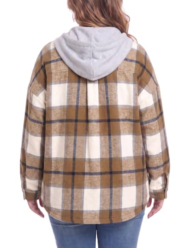 OLRIK Women's Plus Size Hooded Flannel Shacket Zip Up Jacket - color: Beige Brown, size: 5X