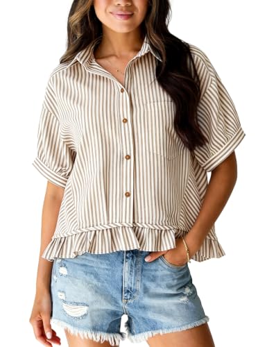 Flygo Womens Cropped Striped Button Down Shirts Ruffle Peplum Tops - color: Tan, size: X-Large