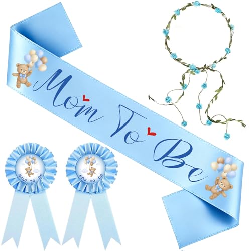 Bearly Wait Mom to Be Sash Teddy Bear Baby Shower Decor Set - color: Blue