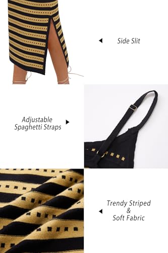 OUGES Womens 2025 Spring Maternity Striped Dress Spaghetti Strap Bodycon Knit Side Slit Midi Sweater Casual Dress - color: Dark Apricot Black Striped, size: Medium