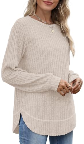 OFEEFAN Womens Sweaters Crew Neck Tunic Tops Long Sleeve Shirts Curved Hem - color: A-khaki, size: Medium