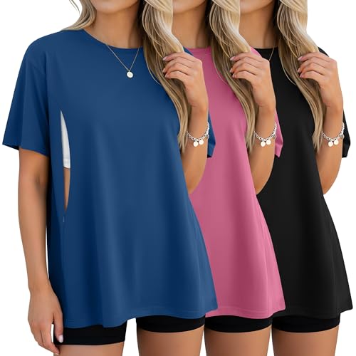 3 Pack Women's Oversize Nursing Tops - color: Dark Blue, Deep Pink, Black, size: Small