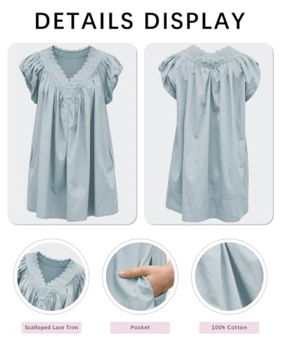 Senllen Womens V Neck Babydoll Tops Puff Short Sleeve Flowy Tunic Shirts - color: Pastel Blue, size: Medium