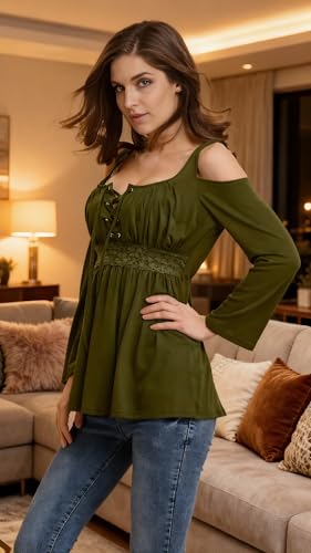 Women's Cold Shoulder Lace Up Casual Tunic Solid Blouse Tops - color: Army Green, size: Large