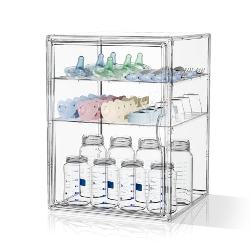 MSHOMEY Baby Bottle Storage Organizer for Countertop Cabinet 4 Tiers Clear Plastic Bottle Station Organizer with 3 Adjustable Divider, Baby Bottles Holder Rack for Rings, Nipples, Pump Parts, XL - size: XL