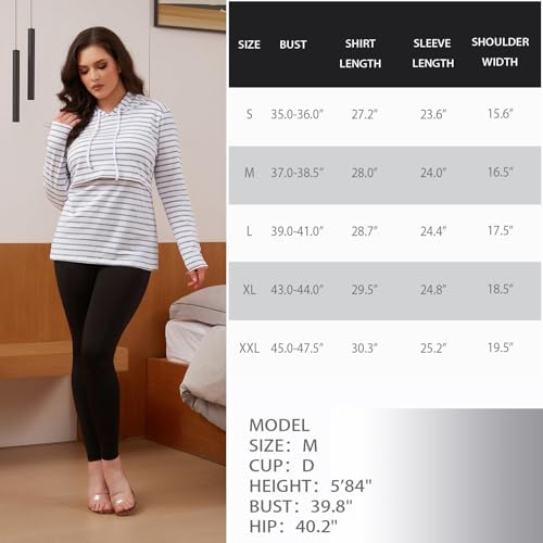 Bhome Nursing Shirt Long Sleeves Hoodie Breastfeeding Top Sweatshirt - color: Grey Stripe/Rose Red, size: Large