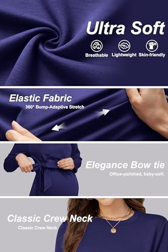 OUGES Women's Bow Tie Waist Maternity Shirts Long Sleeve Pregnancy Tops Crew Neck Fall Winter Elegant Business Blouse - color: Navy, size: Medium