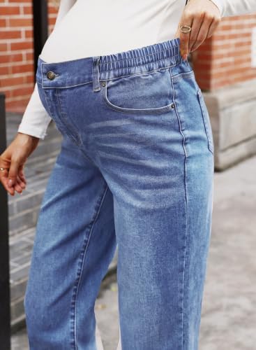 BLENCOT Women Wide Leg Elastic Waist Maternity Jeans with Pockets - color: Ashleigh Blue, size: Small