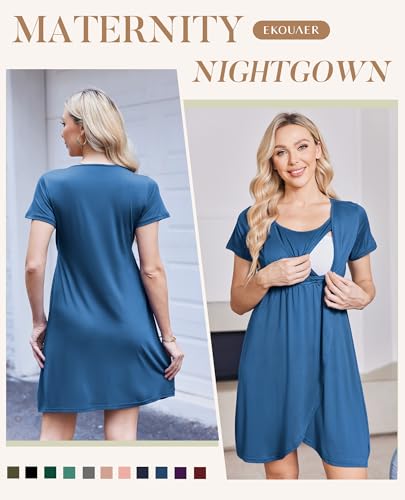 Nursing Nightgown Short Sleeve Breasfeeding Birthing Gown Maternity Dress - color: Blue, size: Medium